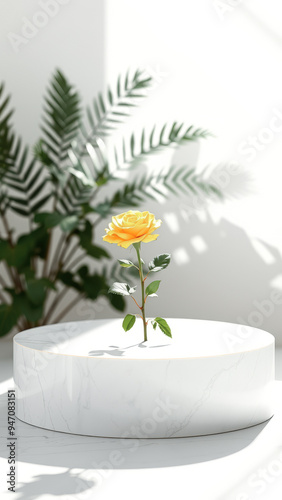 Single Yellow Rose on White Marble Pedestal with Green Plant in Background
