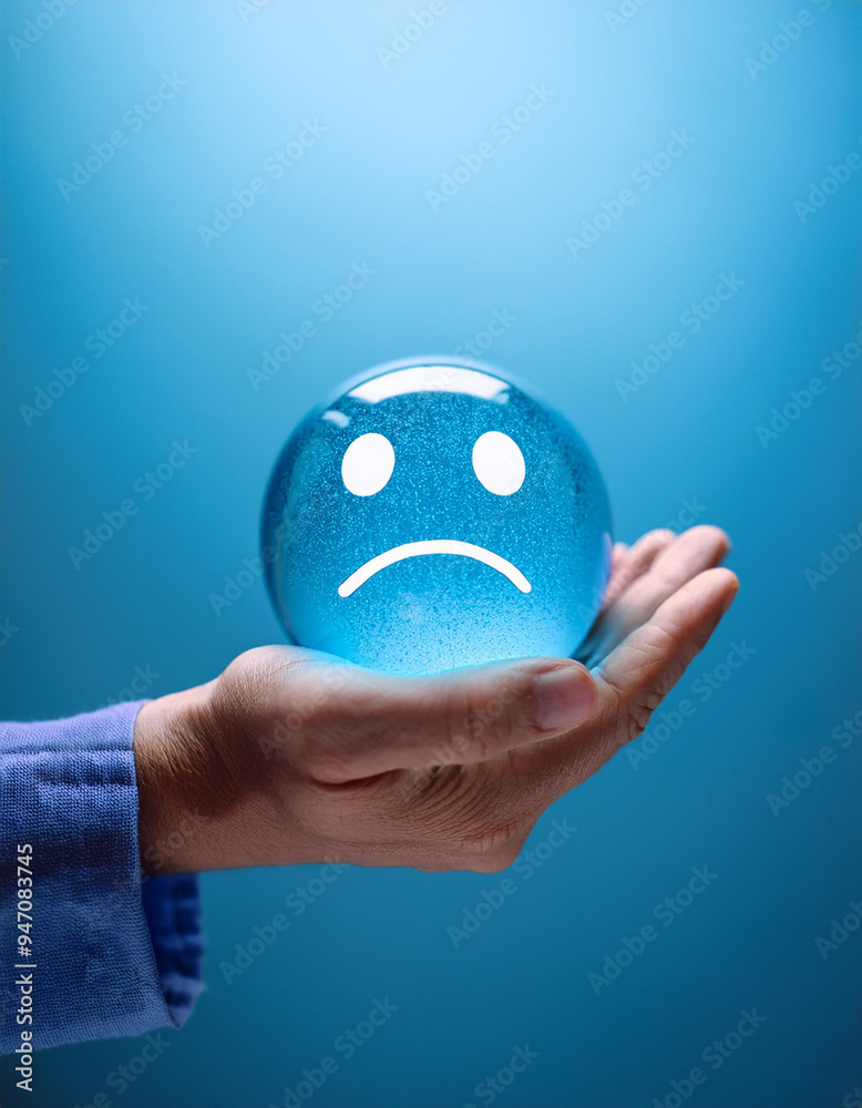 Hands holding a sad blue face. mental health negative thinking and anxiety mindset,sadness and depression,mental health care recovery Hands holding a sad blue face. mental health negative thinking and anxiety mindset,sadness and depression,mental health care recovery