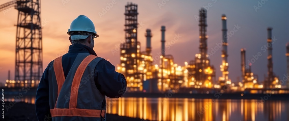 A lone worker in a hardhat stands in front of a glowing industrial complex at dusk. A lone worker in a hardhat stands in front of a glowing industrial complex at dusk.