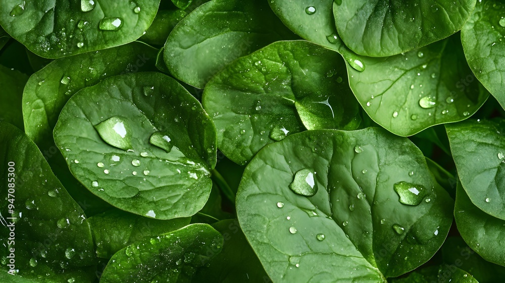 Closeup macro shot of fresh green sorrel leaves with dew droplets on the surface against a clean isolated background Closeup macro shot of fresh green sorrel leaves with dew droplets on the surface against a clean isolated background
