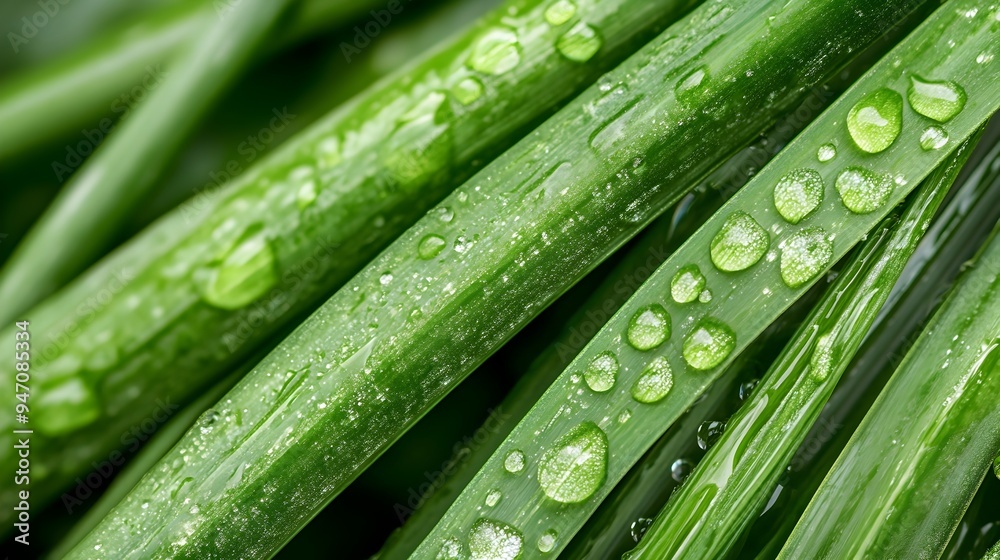 Closeup of crisp fresh green chives with water droplets glistening on the surface against an isolated studio background Closeup of crisp fresh green chives with water droplets glistening on the surface against an isolated studio background