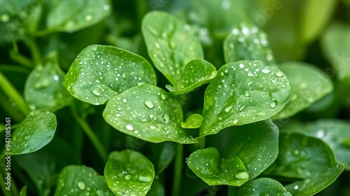 Closeup Macro Shot of Fresh Green Sorrel Plant Leaves with Natural Dew Drops on Isolated Clean Background  Organic Healthy Botanical Foliage Concept photo