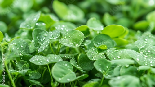 Closeup photograph of fresh verdant green pea shoots with glistening raindrops clinging to the lush healthy leaves against a clean isolated background  This image captures the essence of growth photo