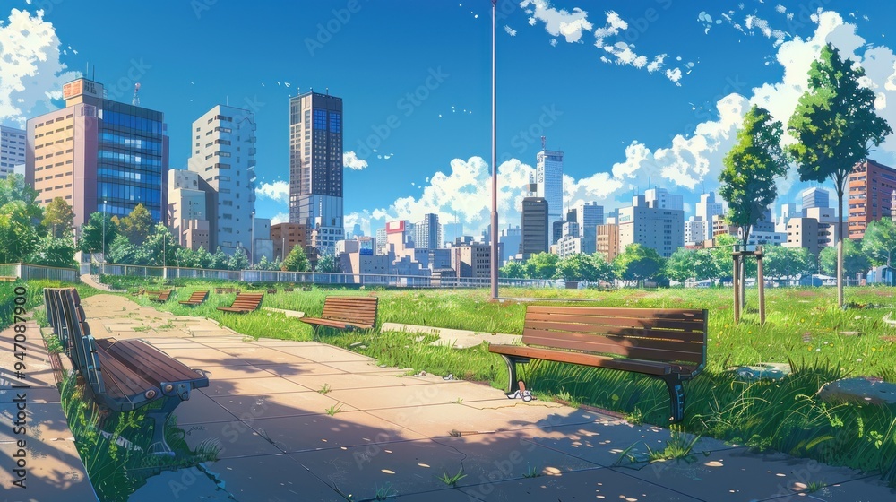 Obraz premium Park bench overlooking cityscape.