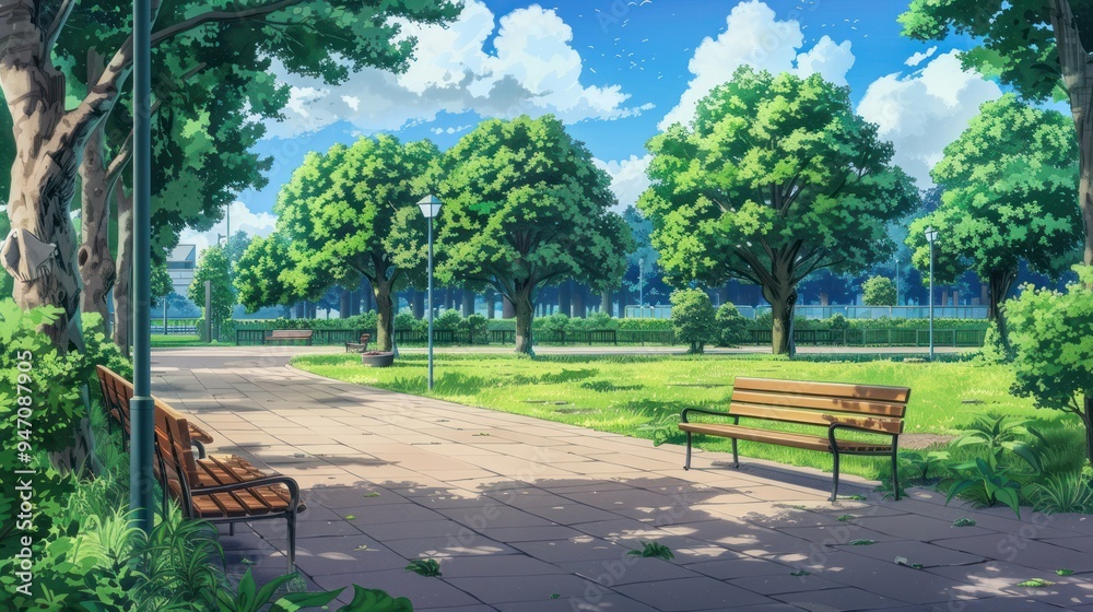 Tranquil park pathway with bench under blue sky and lush greenery. Tranquil park pathway with bench under blue sky and lush greenery.