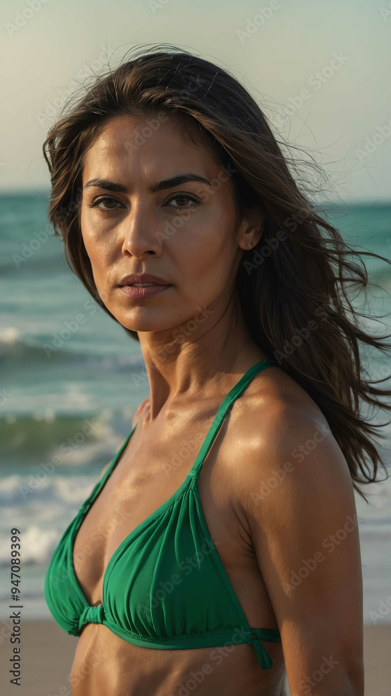 middleage hispanic green bikini beach background woman model portrait middleage hispanic green bikini beach background woman model portrait