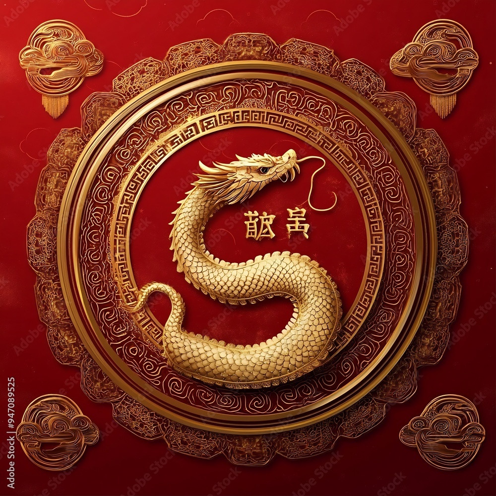 Obraz premium Golden Dragon in a Circular Frame