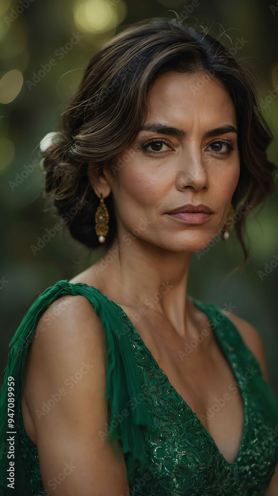 middleage hispanic green dress bokeh background woman model portrait