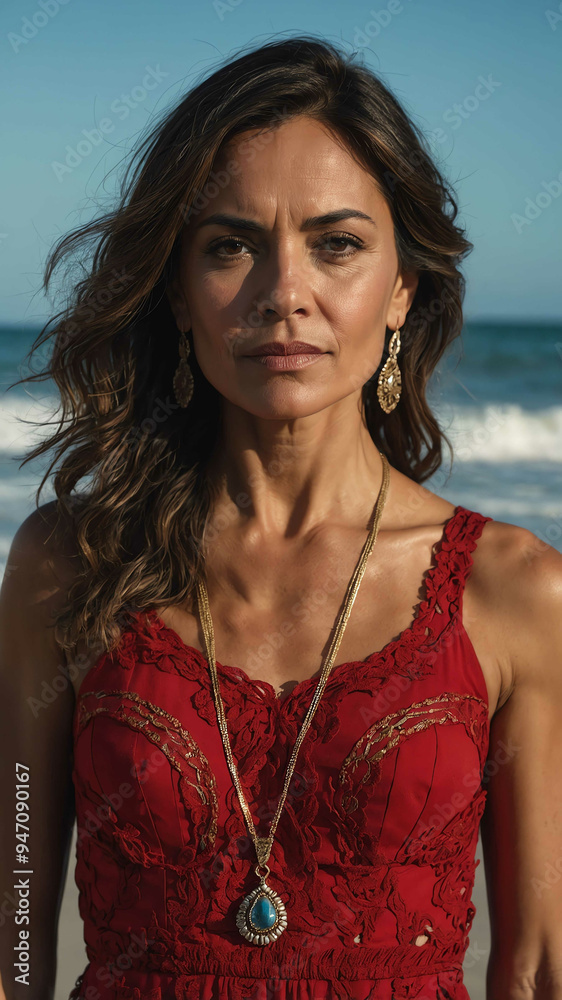 middleage hispanic red dress beach background woman model portrait middleage hispanic red dress beach background woman model portrait