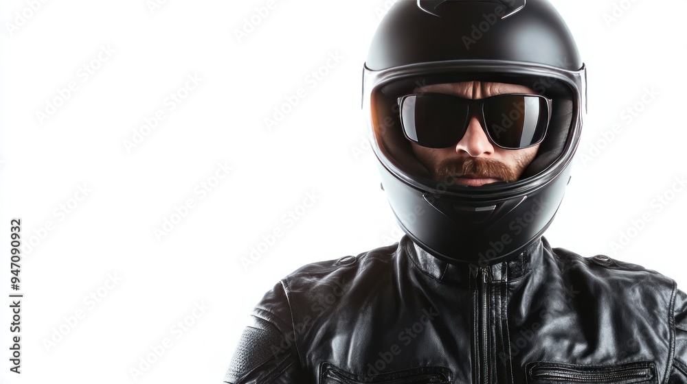 Motorcycle Rider Portrait, a confident rider showcasing a sleek black helmet, exuding a sense of adventure and freedom against a crisp white backdrop, highlighting passion for the open road. Motorcycle Rider Portrait, a confident rider showcasing a sleek black helmet, exuding a sense of adventure and freedom against a crisp white backdrop, highlighting passion for the open road.
