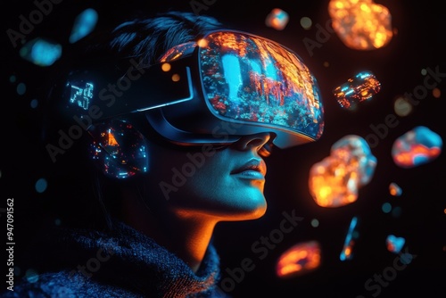 Woman wearing virtual reality headset with futuristic glowing lights.