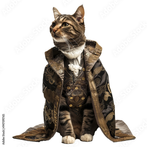 European aristocrat tabby cat wearing long overcoat with golden embroidery, white jabot and lace collar, sitting and looking away on white background photo