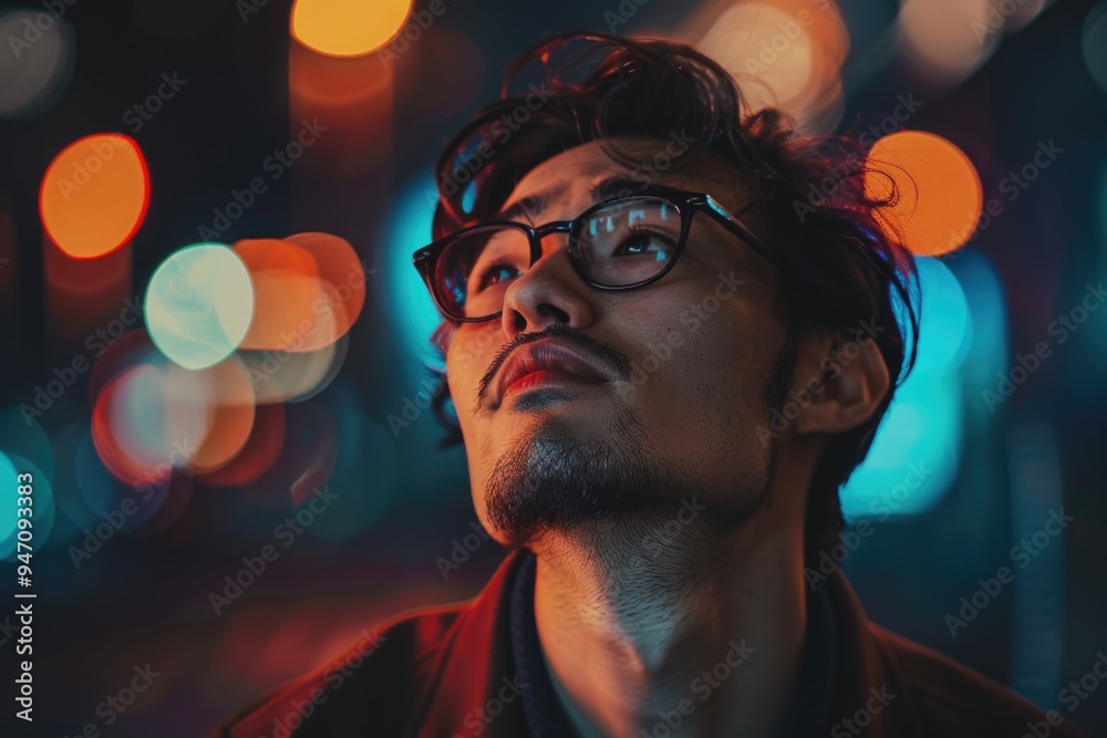 A person gazes upwards, contemplating or observing something in the sky A person gazes upwards, contemplating or observing something in the sky
