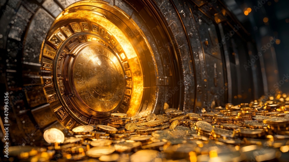 Financial security in a luxury retirement lifestyle, focused shot of a vault door opening to reveal gold and bonds Financial security in a luxury retirement lifestyle, focused shot of a vault door opening to reveal gold and bonds