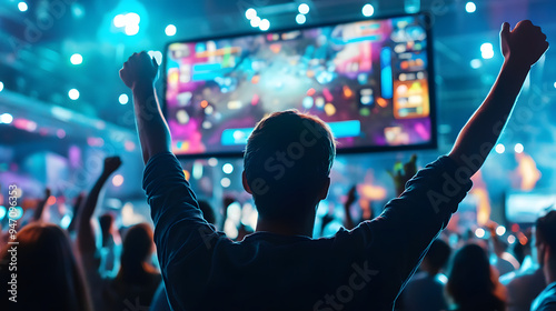 Crowded gaming convention with hundreds of enthusiastic gamers around massive LED screen, showcasing vibrant video game graphics and intense action, electric atmosphere with cheering and colorful LED