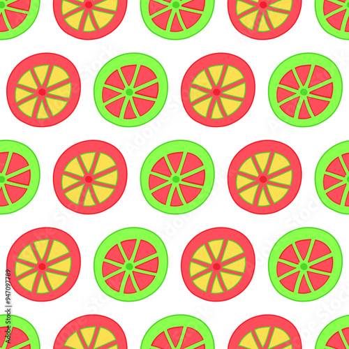 Summer seamless pattern with colorful orange, lemon, lime slices. Wrapping paper, fabric, background design. Children clothes, pajamas textile 