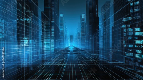 Futuristic city grid with blue neon lines.