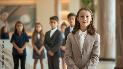 A diverse new business of young girls smiling at the camera, standing together in a startup environment.