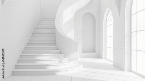 Minimalist white staircase and window.