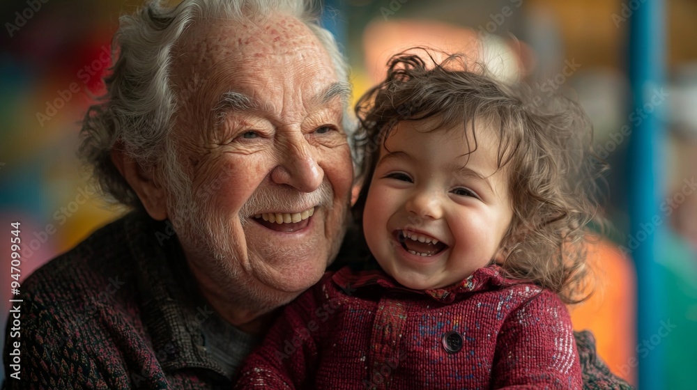 Elderly person playing with a grandchild in a colorful playroom, full of laughter and energy Elderly person playing with a grandchild in a colorful playroom, full of laughter and energy