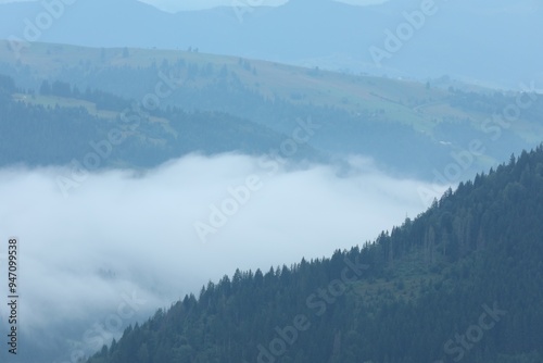 Picturesque view of beautiful mountains covered with fog