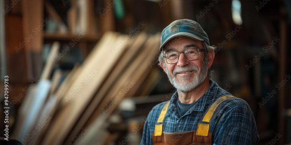 Smiling Carpenter. A portrait of a friendly, experienced carpenter in his workshop, with a warm smile and a confident look. Smiling Carpenter. A portrait of a friendly, experienced carpenter in his workshop, with a warm smile and a confident look.