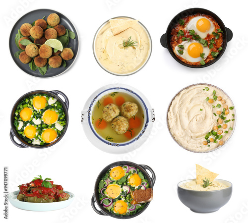 Hummus, falafel balls, sarma, shakshuka and matzo balls on white background. Collection with dishes of different national traditional cuisines photo