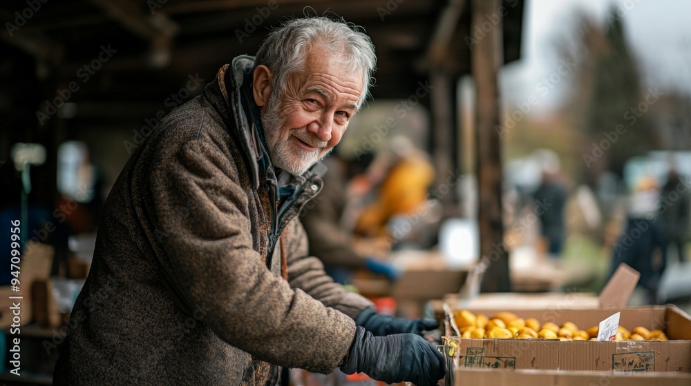 Elderly man volunteering at a community event, demonstrating active engagement and care Elderly man volunteering at a community event, demonstrating active engagement and care