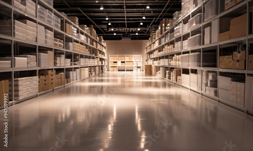 Vast warehouse storage room with rows of shelving