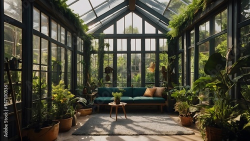 A cozy living space with a couch and a coffee table in a large glass greenhouse filled with plants and sunshine streaming in.