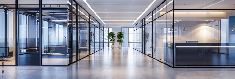 Empty office corridor featuring glass walls and doors with a reception area. Empty office corridor featuring glass walls and doors with a reception area.