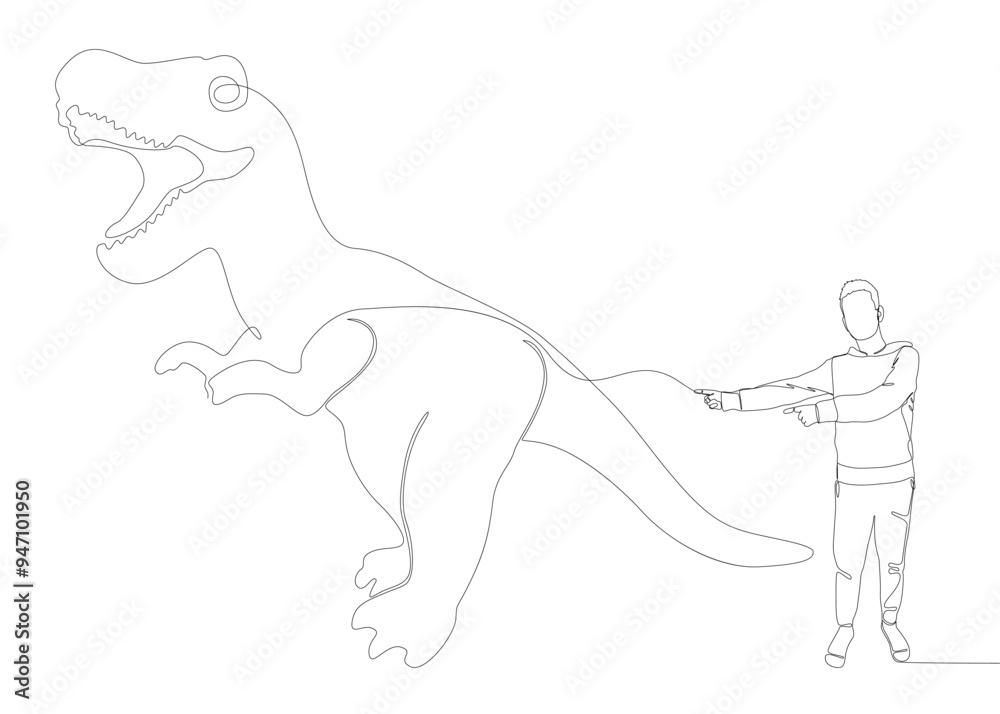 Fototapeta premium One continuous line of Man pointing with finger at Dinosaur. Thin Line Illustration vector concept. Contour Drawing Creative ideas.