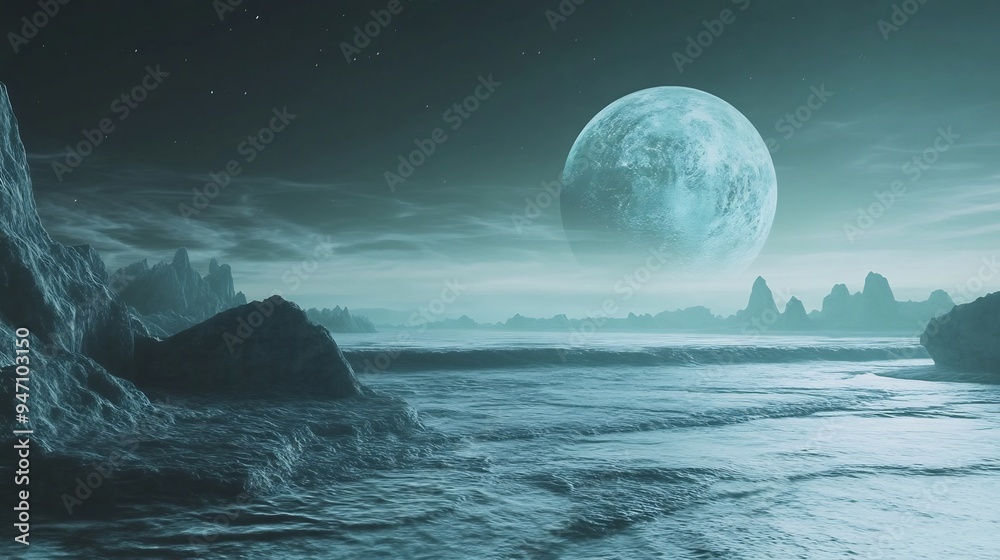 Fototapeta premium Mystical Blue Moon Over a Distant Planet