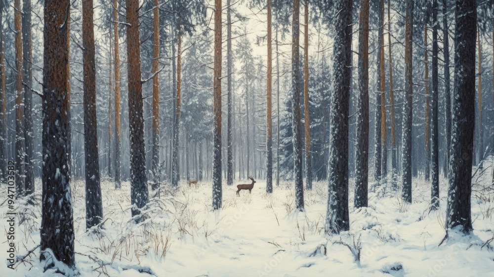 Deer in a Snowy Pine Forest Deer in a Snowy Pine Forest