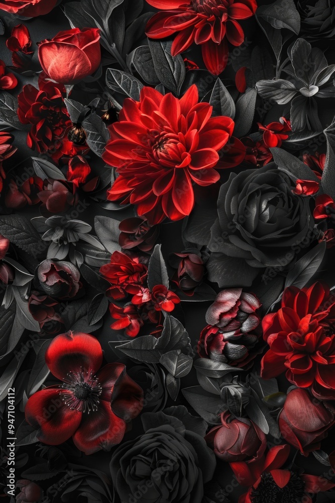 A bouquet of bright red and dark black flowers against a black backdrop A bouquet of bright red and dark black flowers against a black backdrop