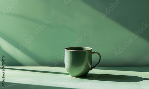 Green ceramic mug on table casting long shadow in serene, minimalist setting