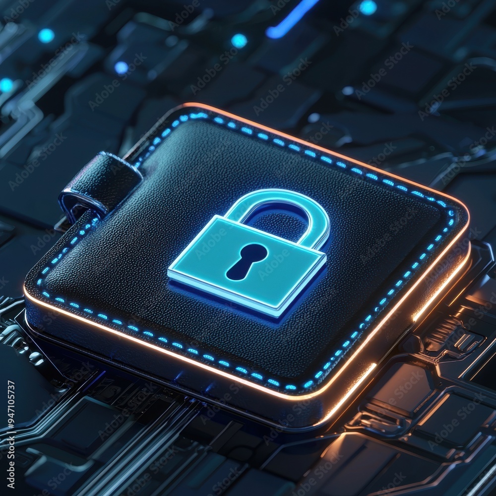 Digital wallet with a glowing padlock symbol, representing secure financial transactions in a modern tech environment. Digital wallet with a glowing padlock symbol, representing secure financial transactions in a modern tech environment.