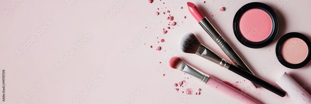 Cosmetic products including lipstick, makeup brushes, and powder are neatly arranged on a soft light background for a stylish look. Generative AI Cosmetic products including lipstick, makeup brushes, and powder are neatly arranged on a soft light background for a stylish look. Generative AI