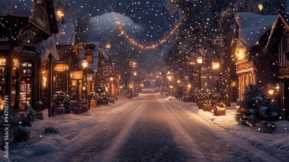 Snowy winter street adorned with festive lights and decorations in a charming town during the evening Snowy winter street adorned with festive lights and decorations in a charming town during the evening