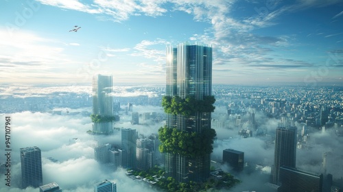 Towers covered by rare morning winter fog over the skyline and skyscrapers on rooftops aerial timelapse. photo