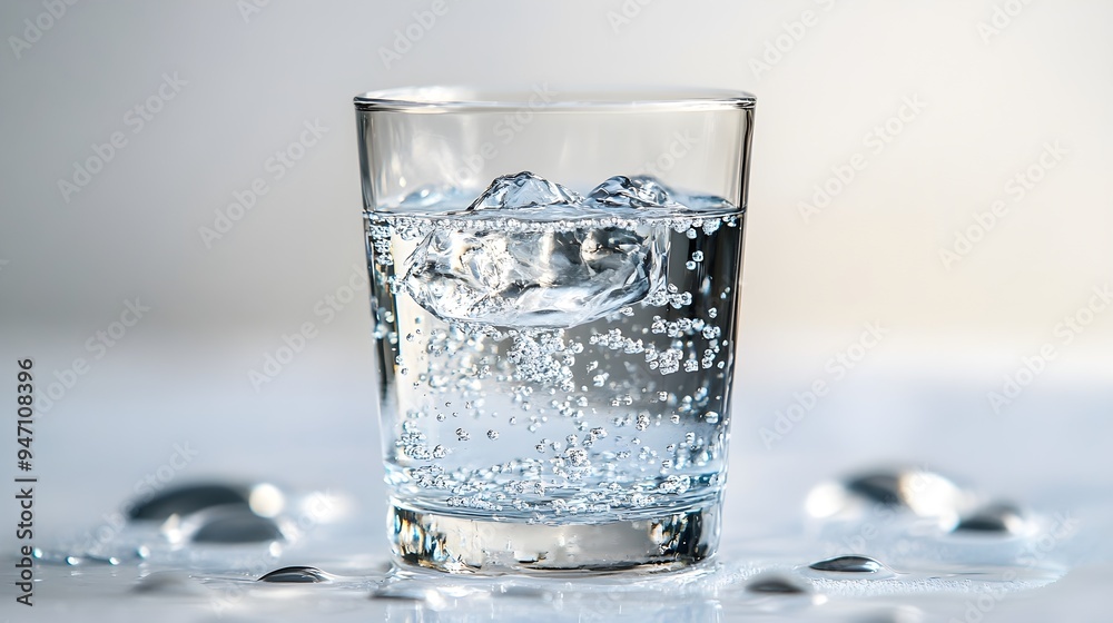 Glass of Sparkling Water with Ice Cube and Bubbles Glass of Sparkling Water with Ice Cube and Bubbles