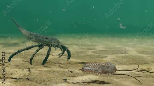 An animation of prehistoric Eurypterid Kokomopterus (Sea Scorpion) hunting down a Trilobite on a Silurian Period sea floor 418 million years ago. Eurypterids are extinct arthropod ancestors of spiders