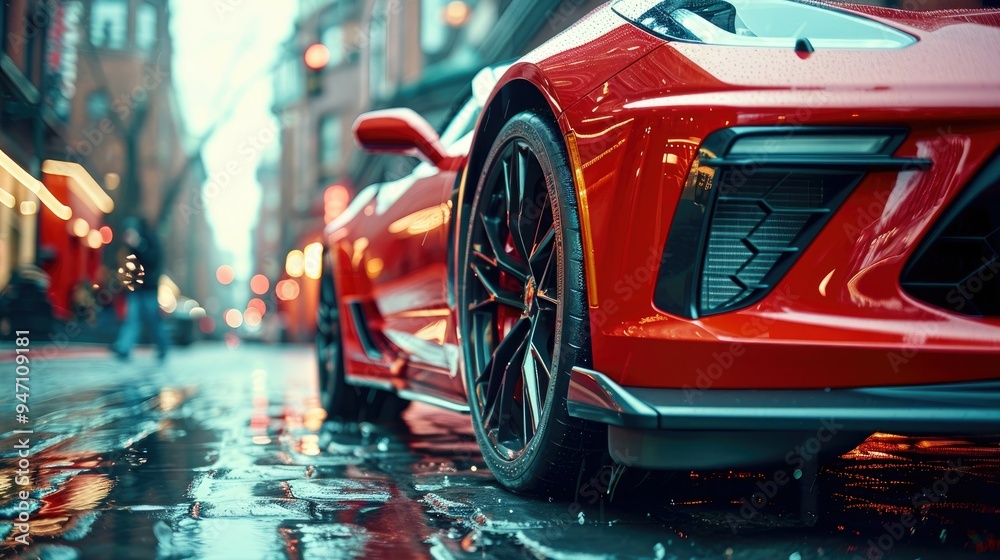 Red Sports Car Parked on a Wet City Street