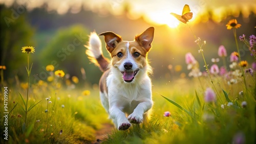 A sun-kissed Jack Russell Terrier mix bounds through a meadow, fur ruffling in the breeze, tail held high, as it chases a butterfly with carefree abandon. photo