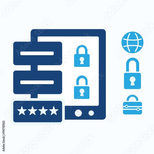 Password security vector icon illustration set. Lock and pin code for safety and protection. Secured file symbol.