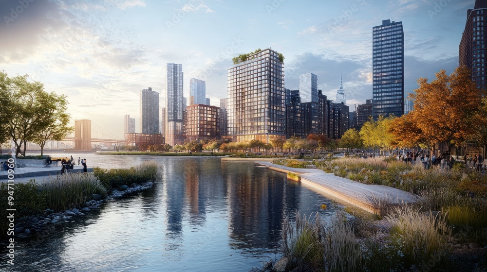 Illustration design of a view of a high-rise apartment on the river bank, a contemporary residential concept Illustration design of a view of a high-rise apartment on the river bank, a contemporary residential concept