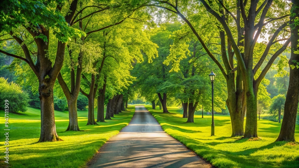 Footpath surrounded by lush green trees in a peaceful park setting, nature, outdoors, scenery, walking path, relaxing Footpath surrounded by lush green trees in a peaceful park setting, nature, outdoors, scenery, walking path, relaxing