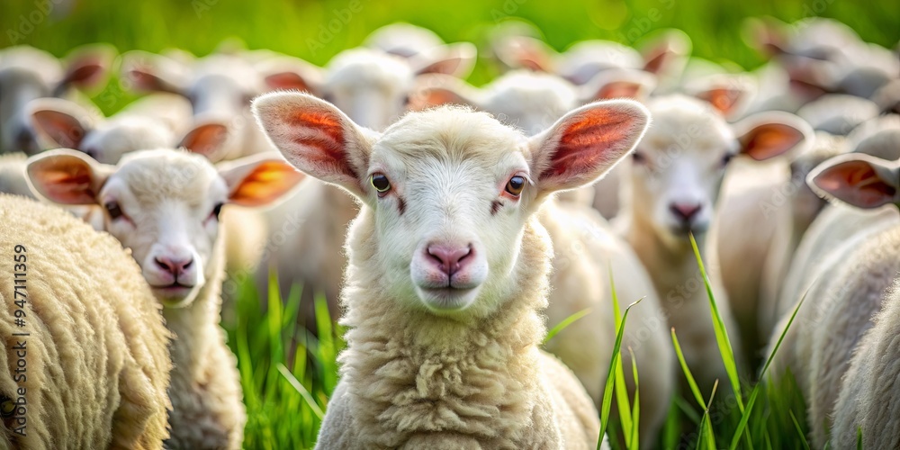 Obraz premium Close-up of a fluffy white lamb surrounded by a flock of sheep in a lush green field, sheep, lambs, farm, cute, wool