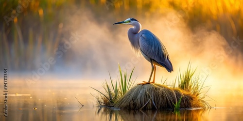 A White-faced Heron's weathered face gazes out from its domain, misty veil lifting to reveal textured feathers, piercing eyes alert to the serene wetlands. photo