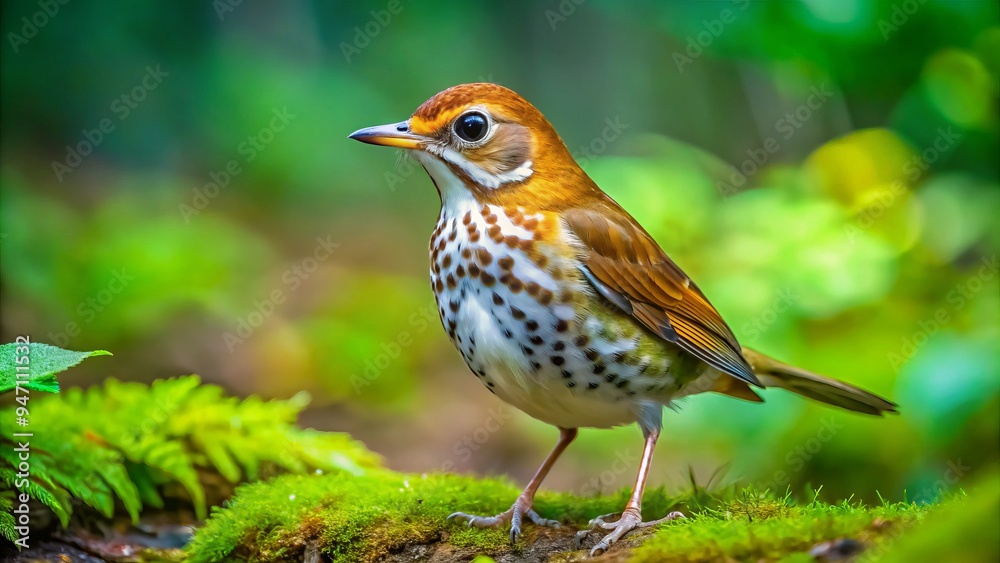 A Wood Thrush captures morning light, its blue-gray scales glistening, white eye ring and throat patch contrasting soft greens, inviting serene connection with nature's beauty. A Wood Thrush captures morning light, its blue-gray scales glistening, white eye ring and throat patch contrasting soft greens, inviting serene connection with nature's beauty.